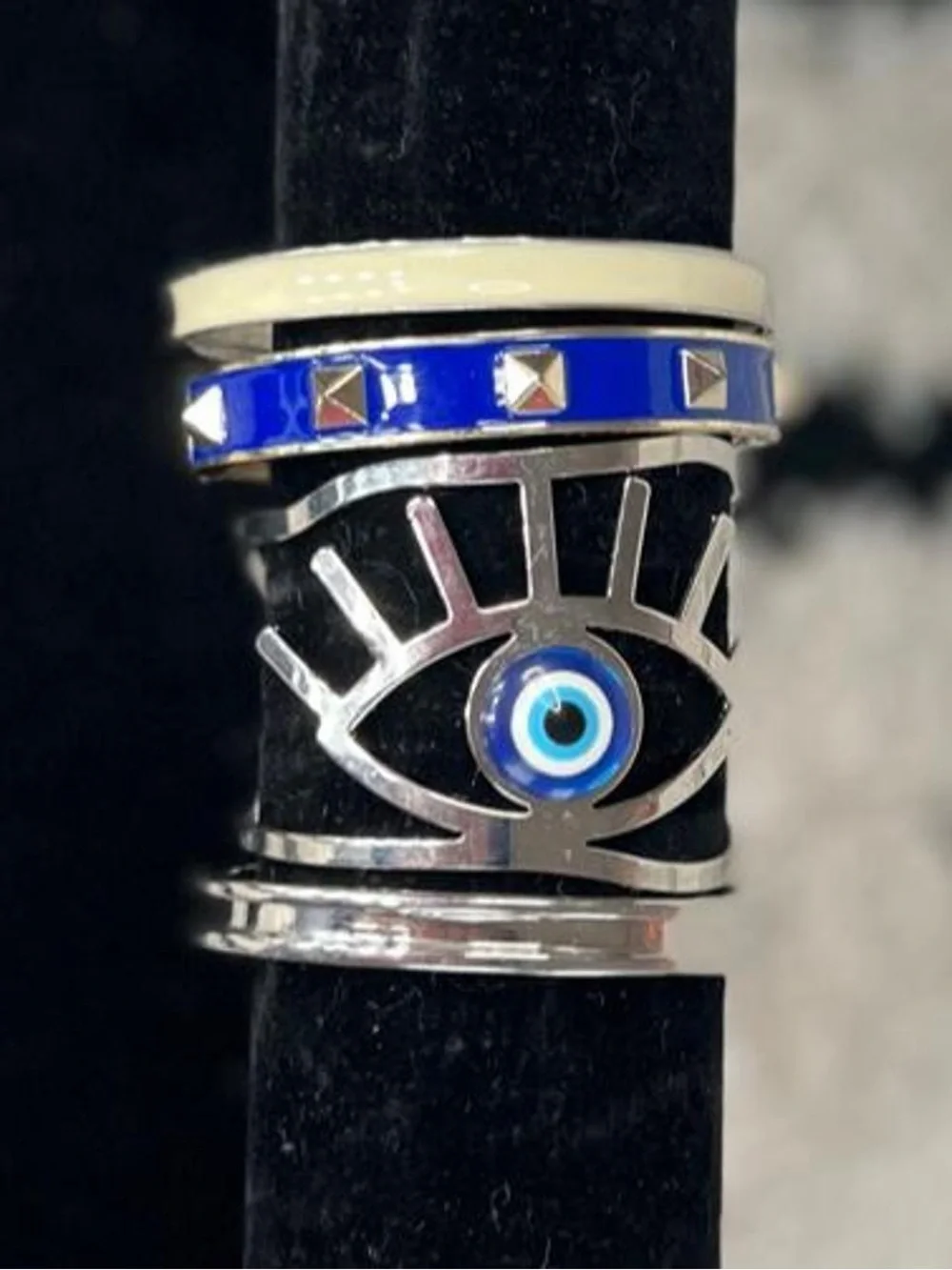 Silver tone evil eye blue cream bangle bracelet stack